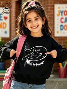 Black Crew Neck Sweatshirt With Line-Style Black Cat And Fish Bone Print - Black - View 9
