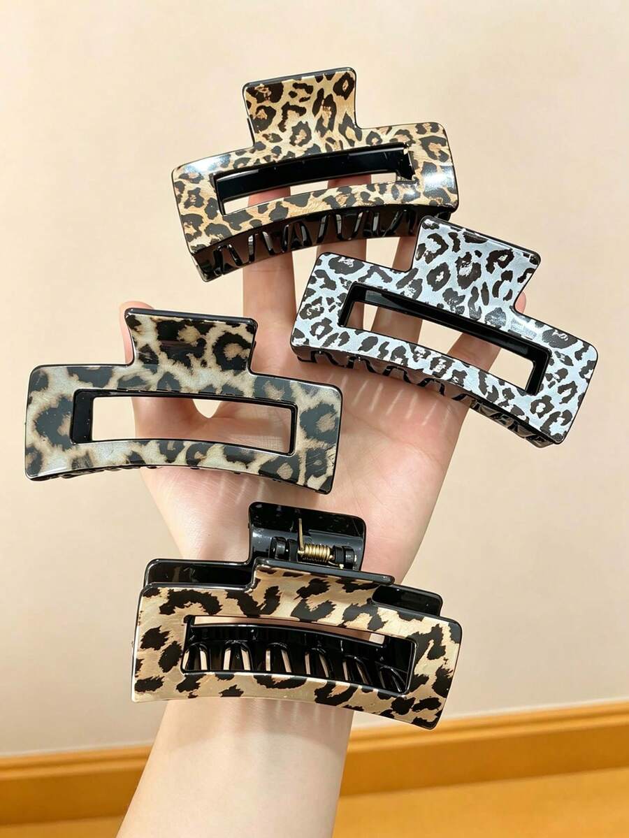 4pcs Women's Vintage Leopard Print Rectangular Hollow Plastic Hair Claw Clips, European And American Style Large Hair Claw For Back Of Head Updo, Elegant Hair Accessories - Multicolor - View 1