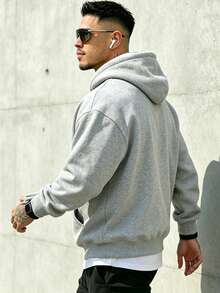 Men's Casual Streetwear Sweatshirt, Fleece Lining, Solid Color, Loose Fit, Autumn/Winter - Light Grey - View 4
