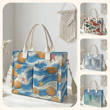 1pc Starfish And Seashells Print Corduroy Multi-Pocket Large Capacity Storage, Snap Button Closure, Shoulder Tote Bag For Student Daily Commute School - Multicolor - View 1
