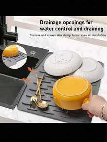 1pc Large Non-Slip Silicone Kitchen Sink & Countertop Drainage Mat, 15.75x11.81 Inches, Built-In Drainage Design, Dish Rack & Space-Saving Storage Box, Easy To Clean Black & Gray Color, Suitable For Refrigerator, Stove, Sink (Modern Kitchen Use), Minimalist Design, Non-Slip Surface, Countertop Protection Mat - Multicolor - View 9