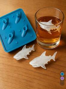1pc Shark Shaped Silicone Ice Cube Tray, With 1pc 4-Cavity Non-Stick Ice Cube Tray, Reusable, Stackable, Soft And Detachable, Suitable For Making Ice, Whiskey, Cocktails, Ice Cubes, Desserts, Parties, Unique And Interesting Shark Design, Suitable For Refrigerator, Kitchen Decor, Kitchen Accessories, Kitchen Supplies, Home Accessories, Kitchen Storage, Camping Essentials, Holiday Essentials, Autumn Decor, Bedroom Decor, Christmas Decor, Living Room Accessories, Party Supplies, Graduation Decor, Home Goods - Multicolor - View 2