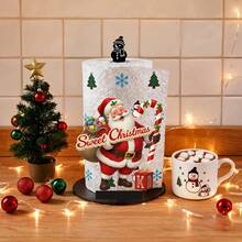 2D Flat Santa Claus Holding Candy Cane And Candy Bag Printed Paper Towel Holder, Acrylic Material Vertical Toilet Paper Storage Rack, Kitchen Dining Table Decor, Easy To Install, Suitable For Christmas Party Home Decoration - View 2