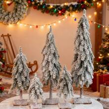 Mini Christmas Tree With Frosted Wooden Base Bottle Brush Tree, Plastic Winter Snow Scene Decoration, Desktop Artificial Tree For Christmas Party Home Decor - Multicolor - View 2