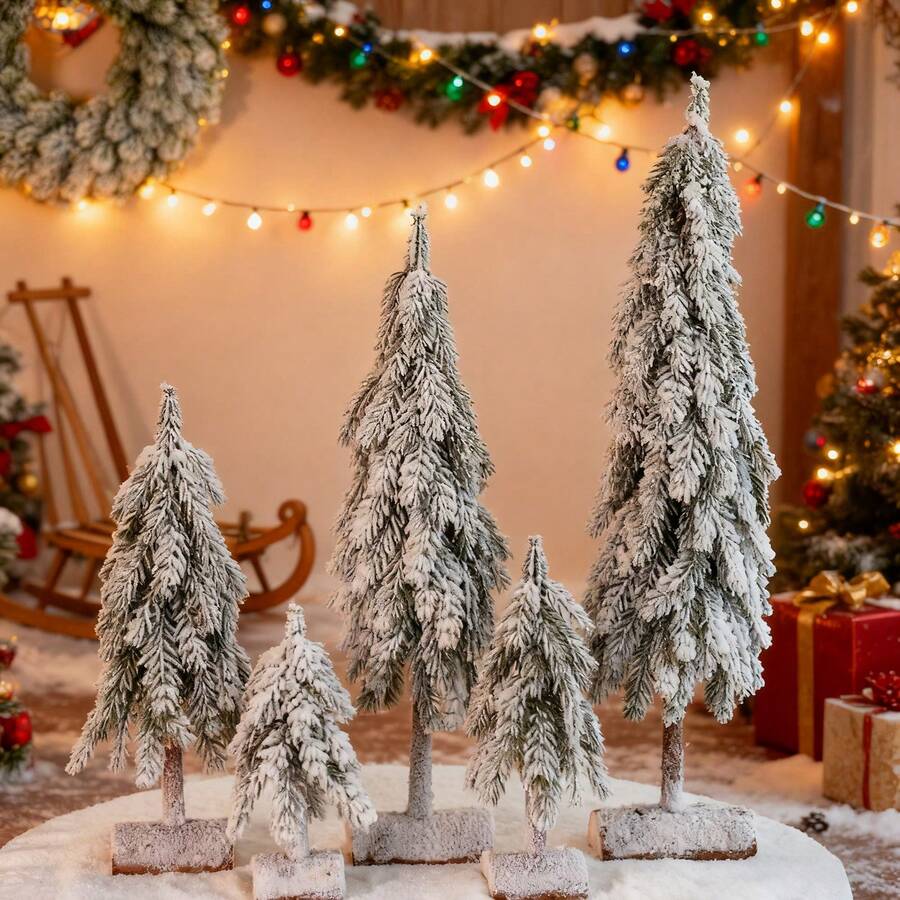 Mini Christmas Tree With Frosted Wooden Base Bottle Brush Tree, Plastic Winter Snow Scene Decoration, Desktop Artificial Tree For Christmas Party Home Decor - Multicolor - View 1