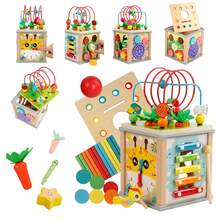 Wooden Multifunctional Activity Cube, 10-In-1 Montessori Toy Set, Bead Clock Shape Matching Abacus Gears Xylophone With Storage Box - Wood - View 1