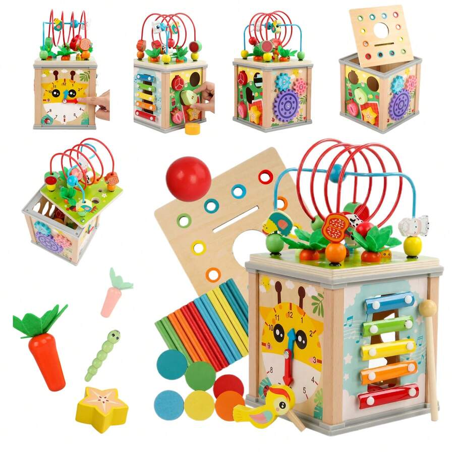 Wooden Multifunctional Activity Cube, 10-In-1 Montessori Toy Set, Bead Clock Shape Matching Abacus Gears Xylophone With Storage Box - Wood - View 1