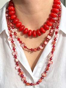 2pcs Set Fashionable Red Beaded Long Necklace, Resin Crushed Stone Shell Collarbone Chain Long Necklace Set, Women Autumn Winter Layered Sweater Chain - Multicolor - View 1