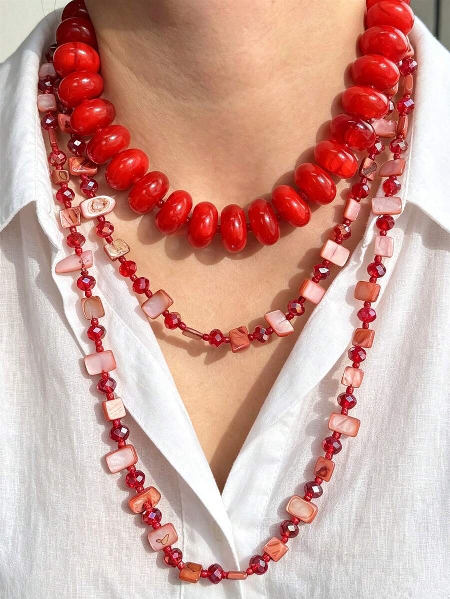2pcs Set Fashionable Red Beaded Long Necklace, Resin Crushed Stone Shell Collarbone Chain Long Necklace Set, Women Autumn Winter Layered Sweater Chain - Multicolor - View 1