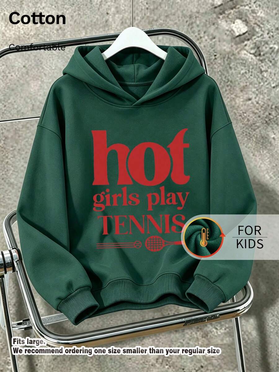 Girls' Cute Long Sleeve Hoodie With Hot Girls Play Tennis Letter & Racket Graphic Print Casual Drawstring Pullover For Kids - Dark Green - View 1