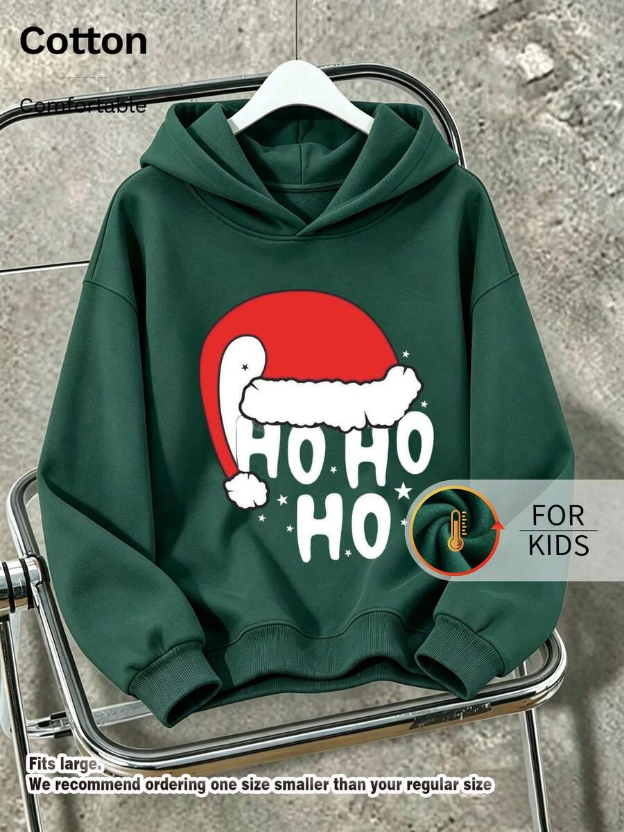 هودي أطفال لطيف بأكمام طويلة مع قبعة سانتا وطبعة حروف Ho Ho Ho، سويتشيرت كاجوال برباط - أخضر غامق - مشاهدة 1