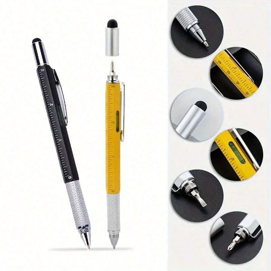 1pc 6-In-1 Heavy Duty Multi-Function Pen - Waterproof, Retractable, Metal Construction, Equipped With Neutral Pen Tip, Ballpoint Pen, Ruler, Stylus, Level, Screwdriver - Perfect Gift For Men And Fathers - 6-in-1 - View 1