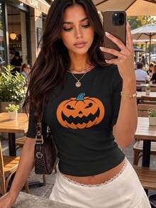 Kaos Rajut Lengan Pendek Leher Tinggi Motif Halloween untuk Wanita, Pakaian Wajib Musim Gugur - Hitam - View 1