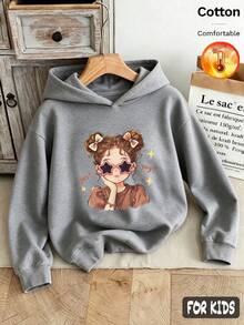 Fall/Winter 3 Pieces Set Girls' Hooded Fleece Sweatshirt With Pink Bow Heart "Yeah" Cartoon Print, Gray Long Sleeve, Y2K Style - Heather Gray+Heather Gray+Heather Gray - View 4