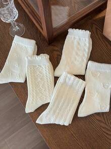 4 Pairs Women's Solid Color Ruffle Trim Cable Knit Printed Mid-Calf Socks, Soft And Comfortable, Suitable For All Seasons, Random Color - White - View 10