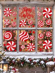 1set Christmas Window Clings, Candy Window Decals, Oil Painting Christmas Red Candy Window Stickers Double Sided Glass Decals For Winter Xmas Home Classroom Office Party Decoration - Candy Christmas Theme Window Decals - View 5