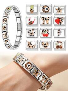 1Or2 Pcs Leopard Print Enamel Italian Charm Links,9mm Stainless Steel Modular Bracelet Charms,Multi Pattern DIY Jewelry Beads For Women Bracelet Gift - Multicolor - View 3