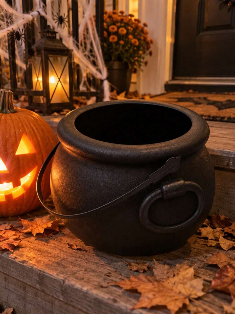 1pc/6pcs Halloween Witch Cauldron, Black Large Size With Handle Pot Bucket, Halloween Party Supplies, Home Decor, Indoor/Outdoor Halloween Decoration