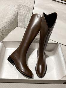 2026 Autumn New Chunky Heel Tall Boots, Versatile Fashion Knee-High Boots, Low Heel Pointed Toe Women's Shoes, Elegant Minimalist Below-The-Knee Boots - Brown - View 1