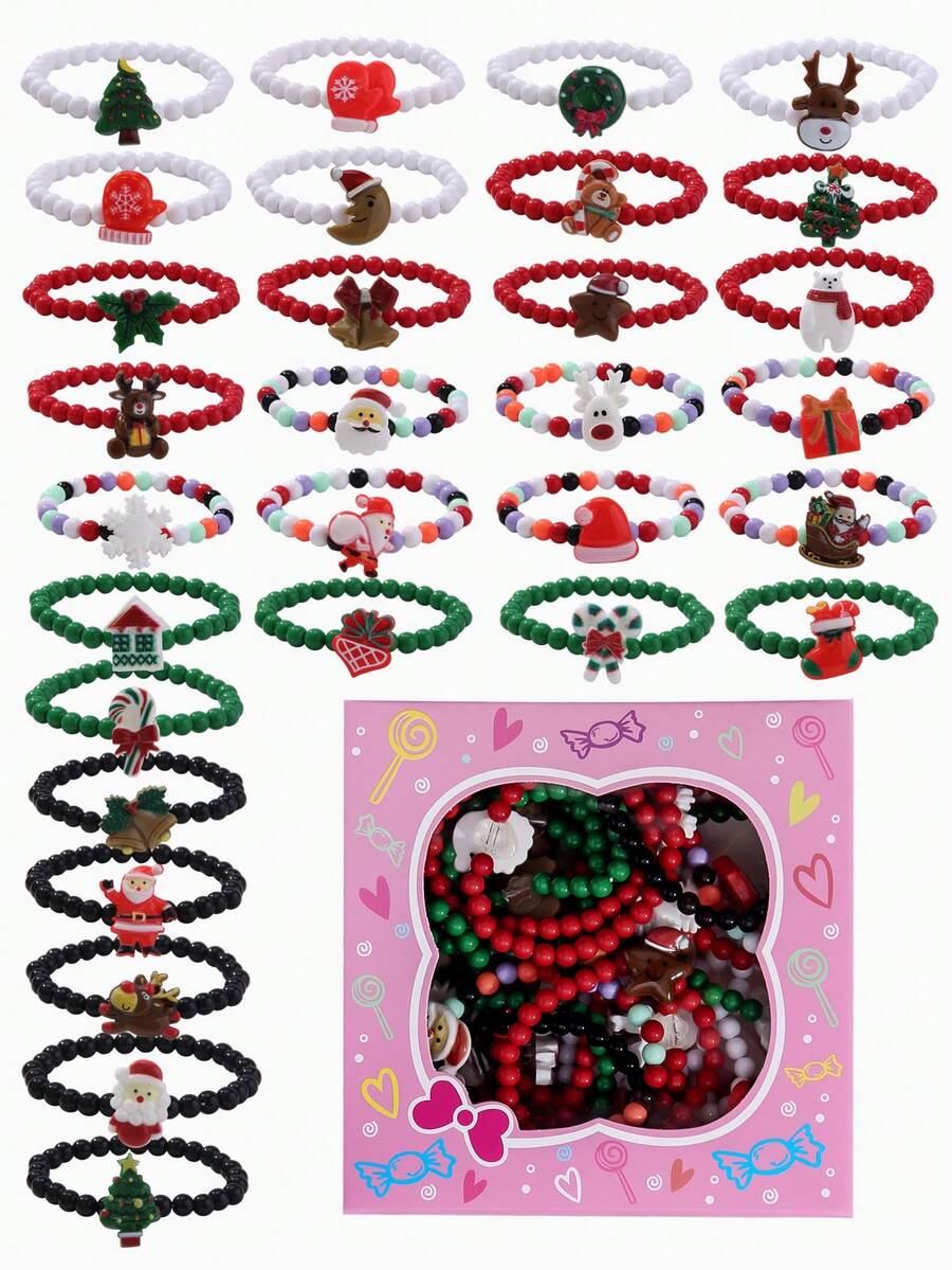 30Pcs Children Christmas Beaded Bracelet Box, Random Color, Kids Party Favors & Christmas Gifts