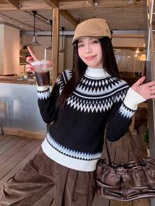 Fair Isle Black Loose Knit Sweater, Autumn/Winter Women's Korean Vintage Slouchy Stand Collar Slimming Pullover Top, Christmas Outfit - Black - View 2