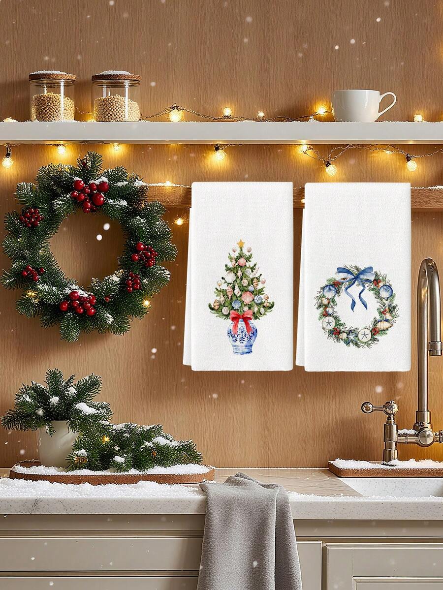 2 Pcs Blue Chinoiserie Seashell Christmas Tree Wreath Print Watercolor Style Microfiber Rectangular Absorbent Kitchen Towels For Christmas Winter Kitchen Decor - Green - View 1