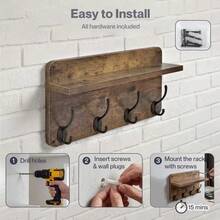 2er Set Wand-Kleiderstange mit Ablage, 40x20 cm Oberes Regal mit 8 glatten Haken, Wandgarderobe Organizer für Eingang Flur Schlafzimmer & Wohnzimmer - Braun - Übersicht 3