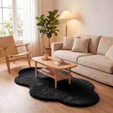 1pc Washable Non-Slip Black Asymmetrical Cloud Shape Faux Rabbit Fur Decorative Rug, Soft Skin-Feel Surface With Non-Slip Bottom, Pure Black Design Style, High-End Minimalist And Elegant, Reflects Owner's Sophisticated Aesthetic, Suitable For Living Room, Bedroom, Bedside, Sofa Side, Study, Dressing Room, Vanity And Other Multiple Living Scenes, All-Season Daily Use, 1pc Black Asymmetrical Cloud Shape Faux Rabbit Fur Rug, Bedroom Bedside, Black Faux Rabbit Fur Asymmetrical Fluffy Area Rug For Bedroom Living Room - Black - View 3