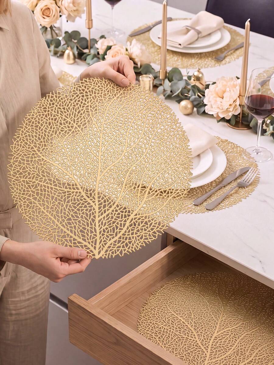 12pcs, Gold Hollow PVC Placemats, Washable Tabletop Decor Mats, Non-Slip Odorless Tableware Pads, Durable Highly Attractive Coasters, Suitable For Restaurants, Cafes, Homestays, Applicable For Festivals, Parties, Gatherings, Birthdays, Weddings, Dinner Parties. - Multicolor - View 1