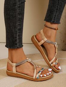 Women's Beige Vintage Suede T-Strap Back Strap Elastic Flat Sandals - Beige - View 6