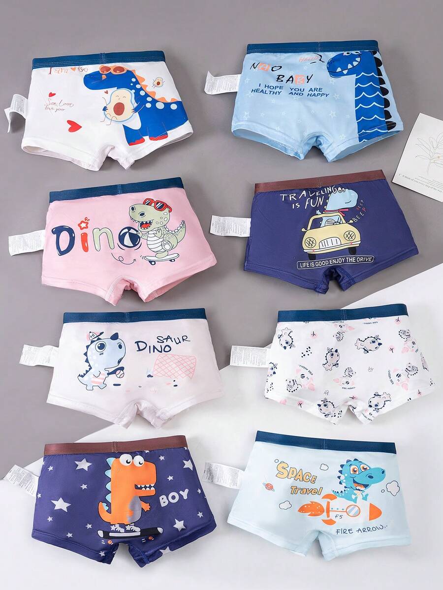 8-Piece Set Young Boy New Dinosaur Print Boxer Briefs Kids Underwear Shorts Set Small Medium Large - Blue and White - View 1