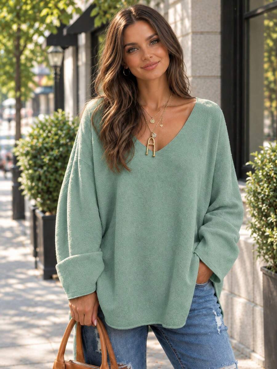 1pc V-Neck Knit Top, Front Short Back Long Hem With Slit, Suitable For Spring, Autumn, Winter Fall