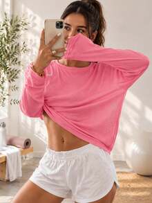 AODSR Women's Pink Long Sleeve Crew Neck Athletic Top With Perforated Side Detail For Running Training Yoga And Fitness - Hot Pink - View 5