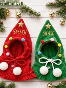 Personalized Christmas Tree Pet Shawl, Customized Embroidered Holiday Outfit, Suitable For Cats And Dogs, Red And Green Holiday Design, Perfect For Christmas Parties And Small Pets - Multicolor - View 7