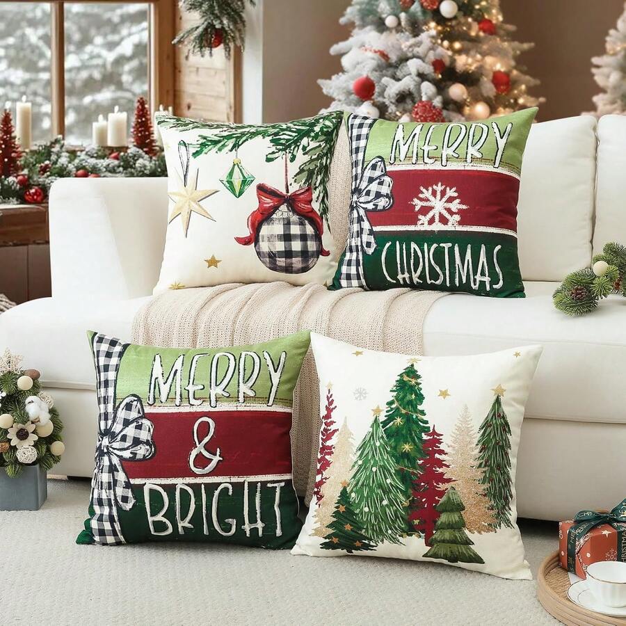 4Pcs Christmas Throw Pillow Covers, Xmas Tree Snowflake Plaid Bow Ornament Decorative Cushion Cases For Sofa Couch Home Holiday Decor, Single Sided Print, Pillow Inserts Not Included - Red and Green - View 1