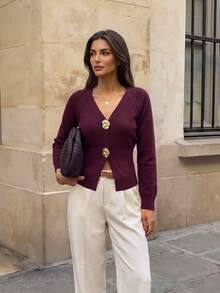 Women's Burgundy Ribbed V-Neck Sweater With Gold Button Decoration, Autumn/Winter Long Sleeve Regular Fit Pullover - Burgundy - View 4