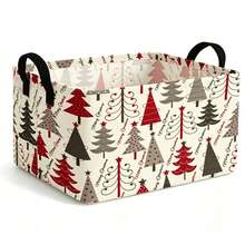 1pc Christmas Tree Print Storage Basket With Sturdy Handle, Multi-Functional Clothes, Towel And Miscellaneous Storage Basket, Suitable For Home Decor, Room Decor, Bedroom Decor - Multicolor - View 8