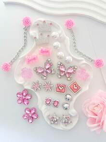 Pink Sweet Cool Style Rhinestone Clog Shoe Charms, Butterfly Crown Candy Rose Alloy Resin Shoe Flower Set, Compatible With Clogs - Pink - View 3