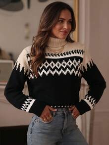 Plus Size Women's Colorblock Casual Versatile Daily Wear Long Sleeve Sweater - Black - View 1