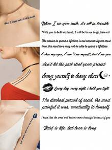 1pc Herbal Juice Semi-Permanent Magic Tattoo Sticker, Artistic Lip Print Moon English Short Phrase Pattern, Long-Lasting 14 Days, Non-Fading, Non-Reflective, Temporary Tattoo Sticker For Arm, Shoulder, Neck And Body - Blue - View 1