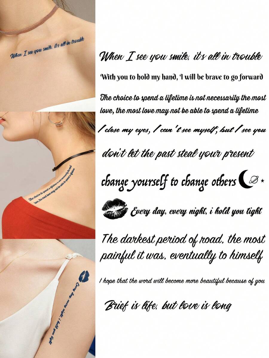 1pc Herbal Juice Semi-Permanent Magic Tattoo Sticker, Artistic Lip Print Moon English Short Phrase Pattern, Long-Lasting 14 Days, Non-Fading, Non-Reflective, Temporary Tattoo Sticker For Arm, Shoulder, Neck And Body - Blue - View 1
