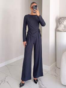 Women's Tie Waist Casual Striped Set, Office Professional Loose Minimalist Autumn Striped Two Pieces Outfit - Navy Blue - View 2