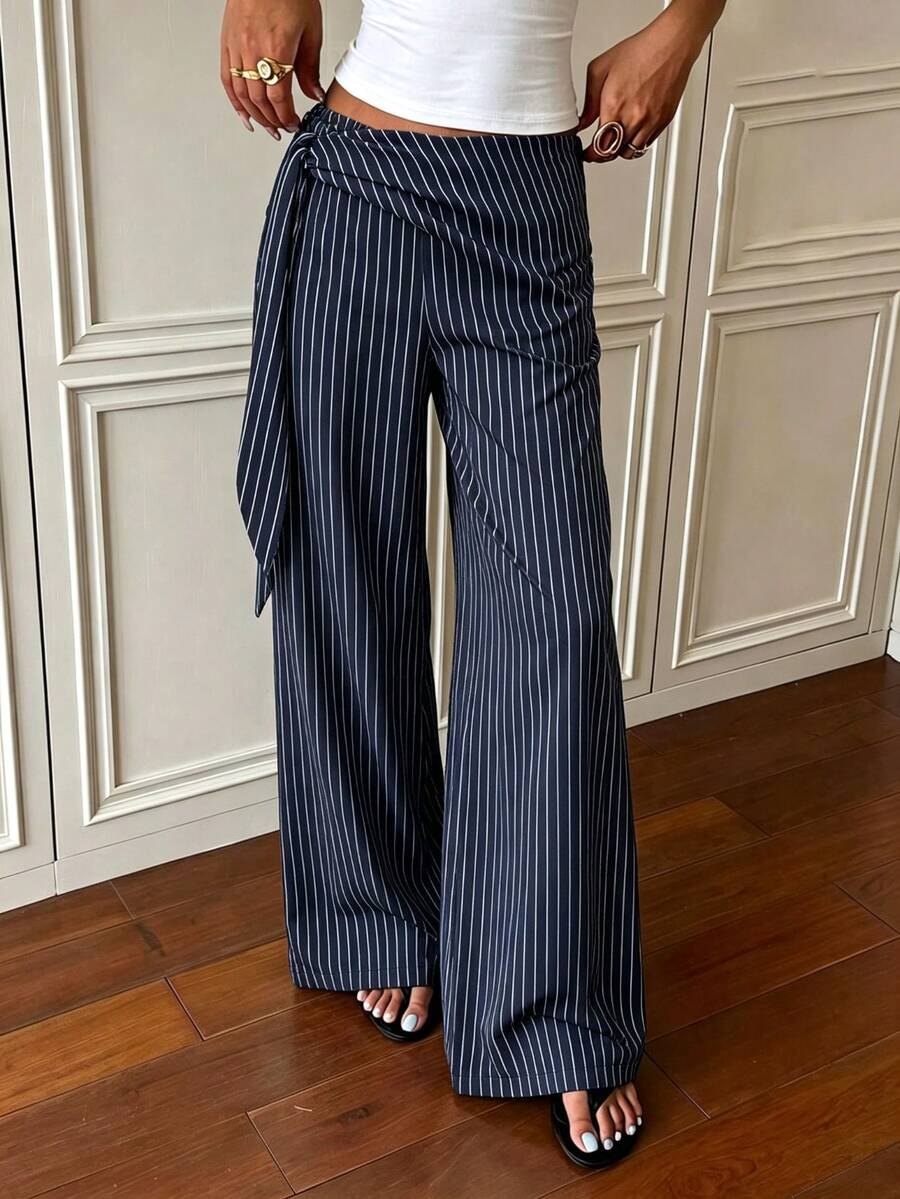 Navy Blue Pinstripe Wide Leg Pants, Side Tie Waist, Draped Body-Hugging Design, Flowy Long Pants Suitable For Petite Figures