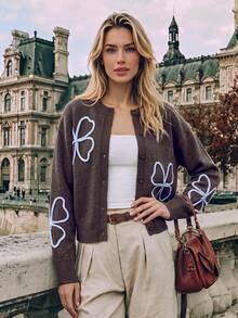 NiceArt Women's Autumn/Winter 3D Butterfly Wool Blend Cardigan, Long Sleeve Round Neck Button, Suitable For Halloween, Christmas, Back To School Dance, Party, Daily Wear - Brown - View 3