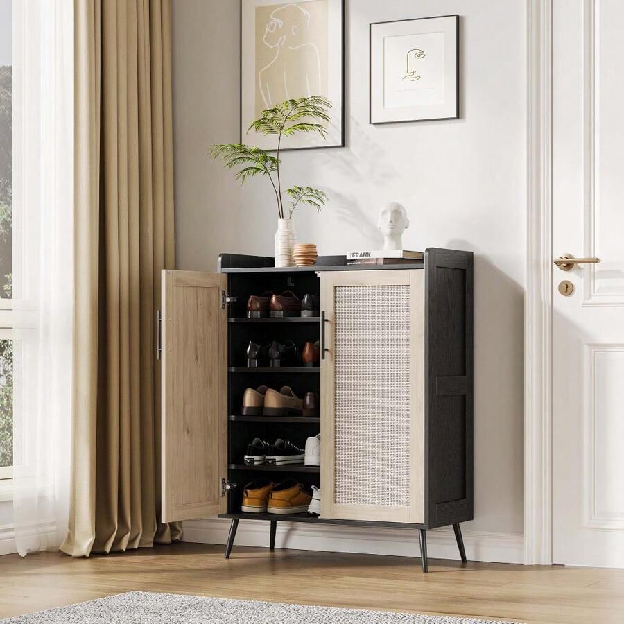 Armario Zapatero de Mimbre y Madera con 6 Niveles, Puertas, Estantes Ajustables y Patas Metálicas, Diseño Antivuelco Rústico Moderno y Estrecho, Ideal para Entrada, Pasillo o Recibidor - Negro - Ver 1