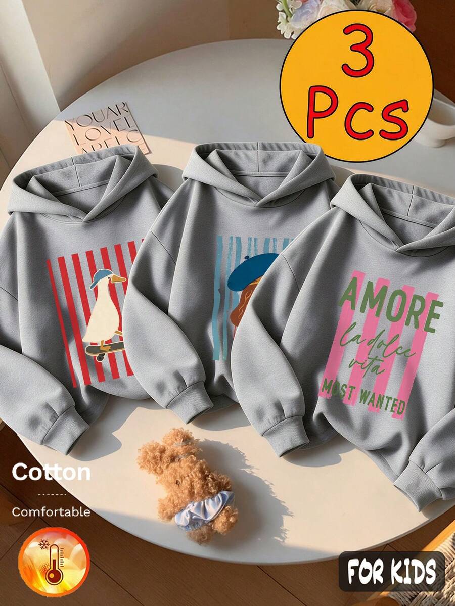 Autumn/Winter 3 Pieces Set Tween Girls Hooded Thermal Sweatshirt, Blue Cartoon Duck Skateboard And "AMORE MOST WANTED" Text, Y2K Style - Heather Gray+Heather Gray+Heather Gray - View 1