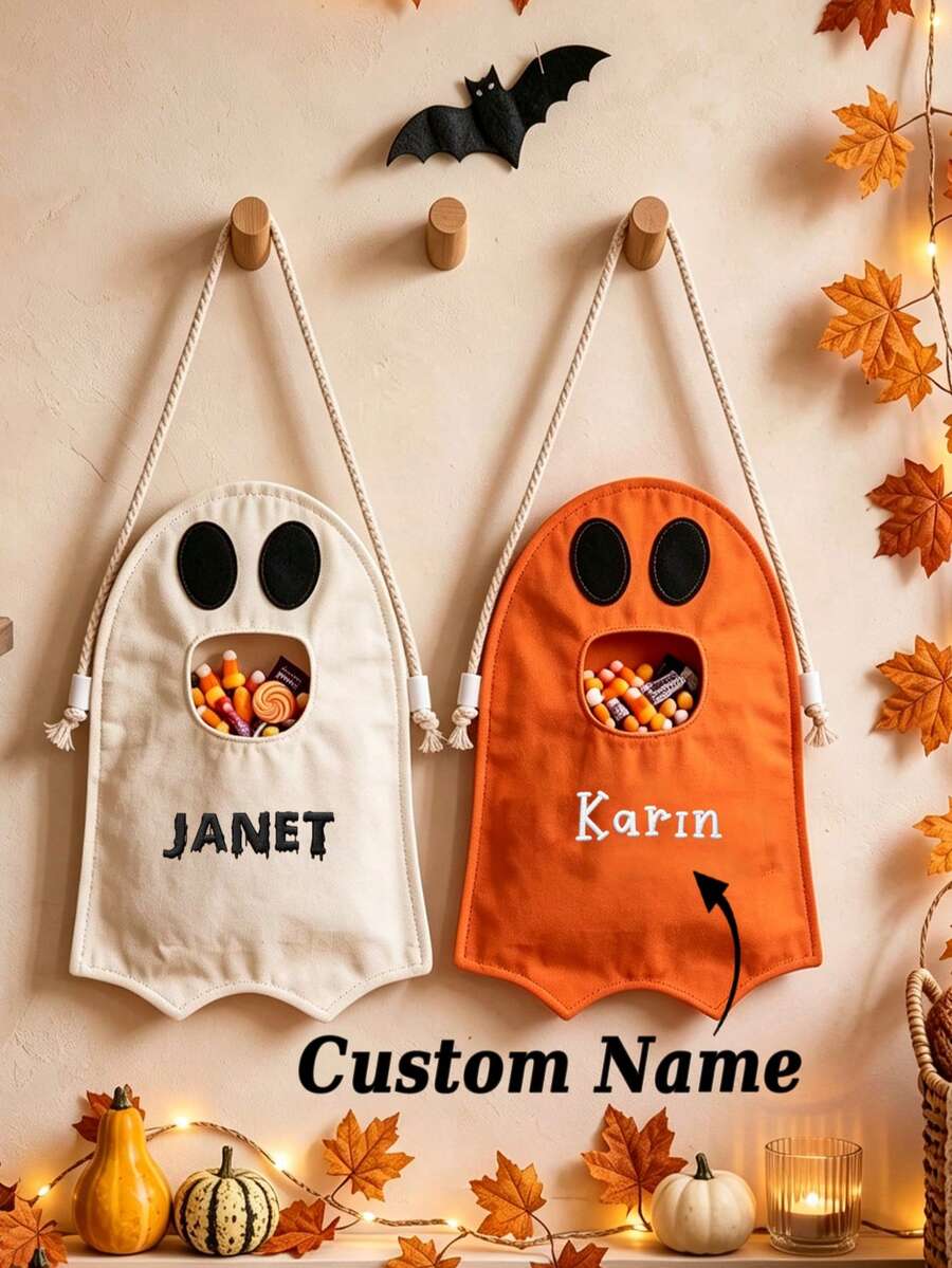 1pc Personalized Halloween "Trick Or Treat" Basket, Halloween Ghost Candy Bag, Customized Name Tote Bag, First Halloween Gift - Multicolor - View 1