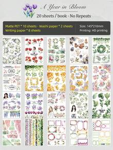 DanSoul Large Size Cottagecore Theme Matte PET Washi Sticker Book For Journaling, 20Sheets Pre-Cut Scrapbook Supplies Various Botanical Flower Adult Sticker For Planners Bullet Journal Card Making Collage Art Crafts - Journaling Supplies - View 10