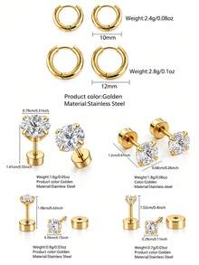VceTd 12PCS French Elegant Style Stainless Steel Stud/Hoop Earrings Set With Embellished Decor, Multiple Styles, Suitable For Banquet Or Wedding Wear - Yellow Gold - View 10