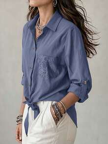 Women Casual Solid Blue V-Neck Sequin Pocket Tie Front Long Sleeve Button Up Shirt, Daily Fall Halloween - Blue - View 4